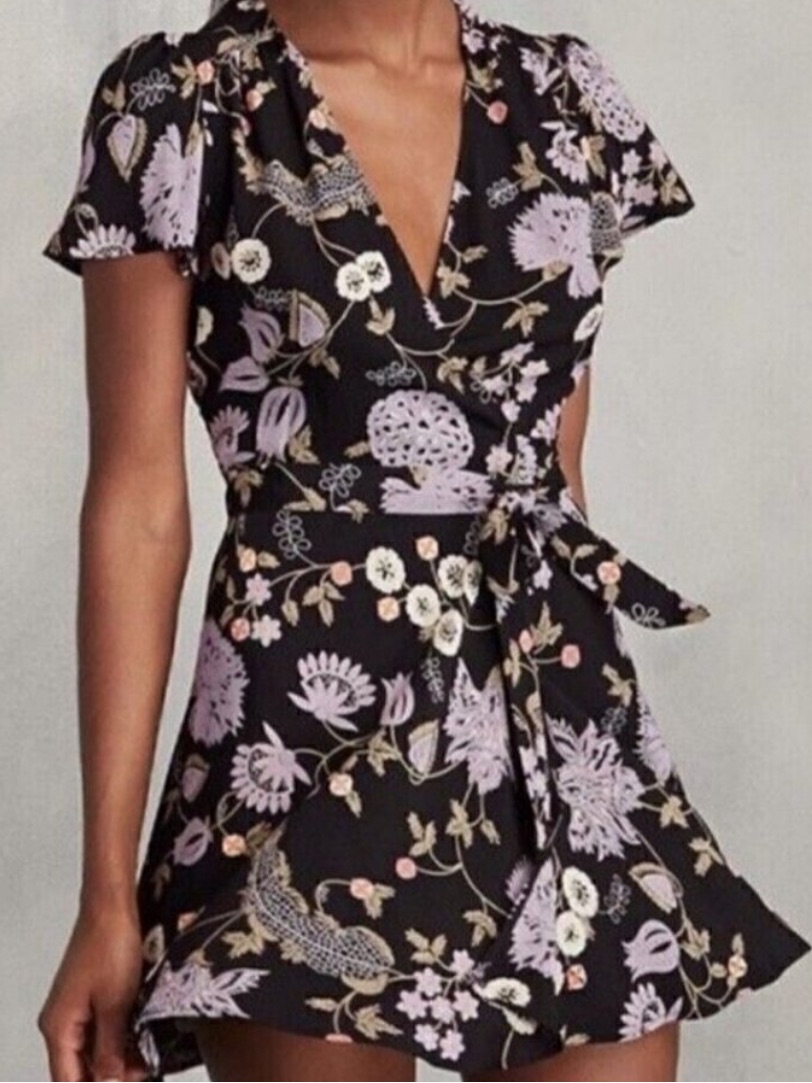 Reformation Wrap Floral Black Sheer Dress Size Medium Petite Euc